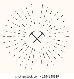 Grey Crossed pickaxe icon isolated on beige background. Blockchain technology, cryptocurrency mining, bitcoin, altcoins, digital money market. Abstract circle random dots. Vector Illustration