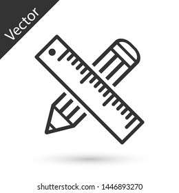 Grey Crossed ruler and pencil icon isolated on white background. Straightedge symbol. Drawing and educational tools.  Vector Illustration