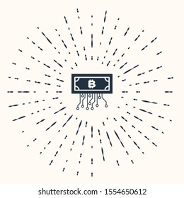 Grey Cryptocurrency bitcoin in circle with microchip circuit icon isolated on beige background. Blockchain technology, digital money market. Abstract circle random dots. Vector Illustration