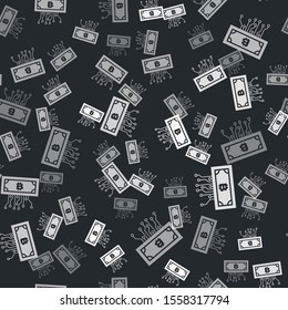 Grey Cryptocurrency bitcoin in circle with microchip circuit icon isolated seamless pattern on black background. Blockchain technology, digital money market.  Vector Illustration