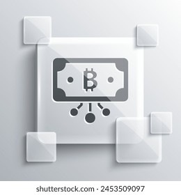 Grey Cryptocurrency bitcoin in circle with microchip circuit icon isolated on grey background. Blockchain technology, digital money market. Square glass panels. Vector