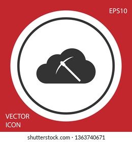Grey Cryptocurrency cloud mining icon isolated on red background. Cloud with pickaxe, bitcoin, altcoins, digital money market, cryptocoin wallet. White circle button. Vector Illustration