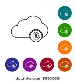 Grey Cryptocurrency cloud mining line icon on white background. Blockchain technology, bitcoin, digital money market, cryptocoin wallet. Set icon in color circle buttons. Vector Illustration