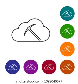 Grey Cryptocurrency cloud mining line icon on white background. Cloud with pickaxe, bitcoin, altcoins, digital money market, cryptocoin wallet. Set icon in color circle buttons. Vector Illustration