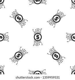 Grey Cryptocurrency concept bitcoin in circle with microchip circuit icon isolated seamless pattern on white background. Blockchain technology, digital money market. Vector Illustration