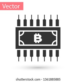Grey Cryptocurrency concept bitcoin in circle with microchip circuit icon isolated on white background. Blockchain technology, digital money market. Vector Illustration