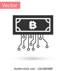 Grey Cryptocurrency concept bitcoin in circle with microchip circuit icon isolated on white background. Blockchain technology, digital money market. Vector Illustration