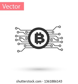 Grey Cryptocurrency concept bitcoin in circle with microchip circuit icon isolated on white background. Blockchain technology, digital money market. Vector Illustration
