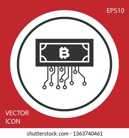 Grey Cryptocurrency concept bitcoin in circle with microchip circuit icon isolated on red background. Blockchain technology, digital money market. White circle button. Vector Illustration