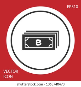 Grey Cryptocurrency concept bitcoin in circle with microchip circuit icon isolated on red background. Blockchain technology, digital money market. White circle button. Vector Illustration