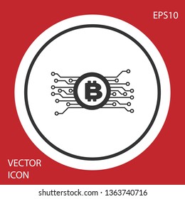 Grey Cryptocurrency concept bitcoin in circle with microchip circuit icon isolated on red background. Blockchain technology, digital money market. White circle button. Vector Illustration