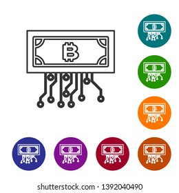 Grey Cryptocurrency concept bitcoin in circle with microchip circuit line icon on white background. Blockchain technology, digital money market. Set icon in color circle buttons. Vector Illustration