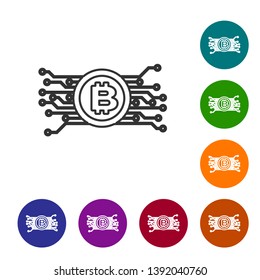 Grey Cryptocurrency concept bitcoin in circle with microchip circuit line icon on white background. Blockchain technology, digital money market. Set icon in color circle buttons. Vector Illustration
