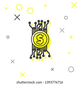 Grey Cryptocurrency concept bitcoin in circle with microchip circuit line icon isolated on white background. Blockchain technology, digital money market. Vector Illustration