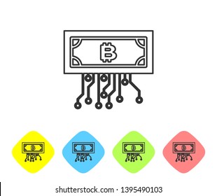 Grey Cryptocurrency concept bitcoin in circle with microchip circuit line icon on white background. Blockchain technology, digital money market. Set icon in color rhombus buttons. Vector Illustration