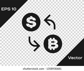 Grey Cryptocurrency exchange icon isolated on transparent background. Bitcoin to dollar exchange icon. Cryptocurrency technology, mobile banking. Vector Illustration