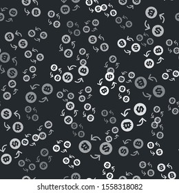Grey Cryptocurrency exchange icon isolated seamless pattern on black background. Bitcoin to dollar exchange icon. Cryptocurrency technology, mobile banking.  Vector Illustration