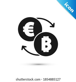 Icono de intercambio de criptodivisa gris aislado en fondo blanco. Icono de intercambio de bitcoin a euro. Tecnología de criptodivisa, banca móvil.  Vector