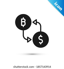 Grey Cryptocurrency exchange icon isolated on white background. Bitcoin to dollar exchange icon. Cryptocurrency technology, mobile banking.  Vector