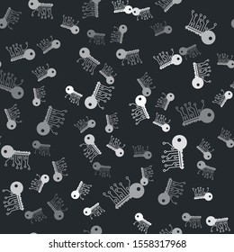 Grey Cryptocurrency key icon isolated seamless pattern on black background. Concept of cyber security or private key, digital key with technology interface.  Vector Illustration