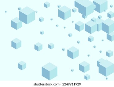 Grey Cube Background Blue Vector. Block Cardboard Design. White Box Clean Template. Brick Card. Monochrome Paper Cubic.