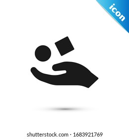 Grey Cube levitating above hand icon isolated on white background. Levitation symbol.  Vector Illustration