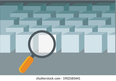 Grey cubes or maze with magnifying glass