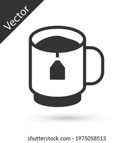 Grey Cup of tea with tea bag icon isolated on white background.  Vector