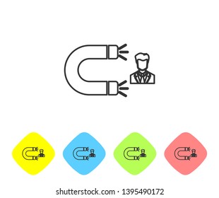 Grey Customer attracting line icon isolated on white background. Customer retention, support and service. Customer man attracting with magnet. Set icon in color rhombus buttons. Vector Illustration