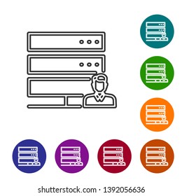 Grey Customer care server line icon isolated on white background. Tech support concept with male operator. Call center sign. Set icon in color circle buttons. Vector Illustration