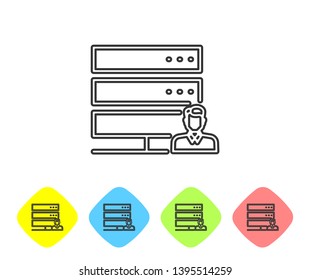 Grey Customer care server line icon isolated on white background. Tech support concept with male operator. Call center sign. Set icon in color rhombus buttons. Vector Illustration