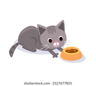  A grey cute cat, kitten is sitting next to a bowl of food, the cat is going to eat food, a pet cat while eating. Hungry cat wants to eat vector illustration