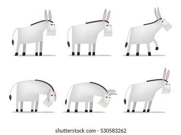 Grey cute donkeys in different poses on a white background