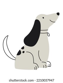 Perro grisáceo lindo doodle. El encantador cachorro se sienta y mira hacia arriba. Elemento gráfico para sitio web, afiche o banner. Juguete o mascota para los niños. Dibujo de contorno, dibujado a mano. Dibujo vectorial plano de dibujos animados