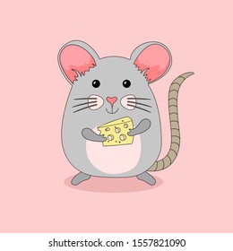 Grey cute flat cartoon mouse with cheese isolated on pink background.