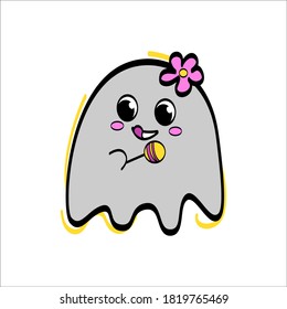 Grey cute ghost 
with chupa chups in hand on white background. Fantasy character for Halloween design. Vector flat cartoon illustration.
