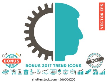 Grey And Cyan Android Head pictogram with bonus 2017 trend symbols. Vector illustration style is flat iconic bicolor symbols, white background.