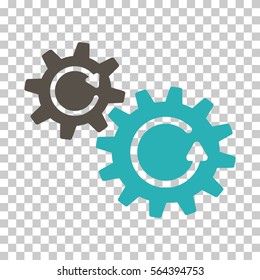 Grey And Cyan Cogs Rotation interface toolbar icon. Vector pictogram style is a flat bicolor symbol on chess transparent background.