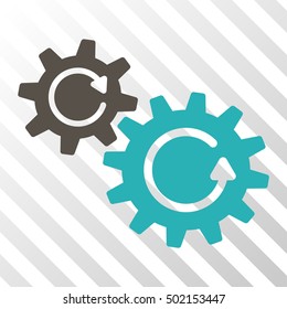 Grey And Cyan Cogs Rotation toolbar pictogram. Vector pictogram style is a flat bicolor symbol on diagonal hatch transparent background.