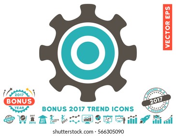 Grey And Cyan Cogwheel icon with bonus 2017 year trend symbols. Vector illustration style is flat iconic bicolor symbols, white background.