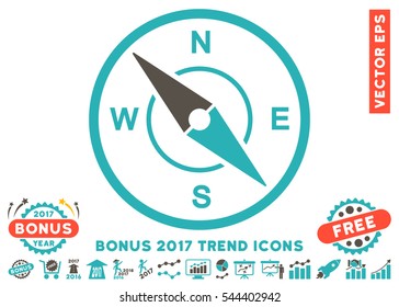 Grey And Cyan Compass icon with bonus 2017 year trend pictograms. Vector illustration style is flat iconic bicolor symbols, white background.