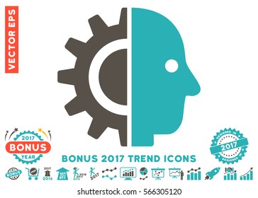Grey And Cyan Cyborg Head pictograph with bonus 2017 trend pictures. Vector illustration style is flat iconic bicolor symbols, white background.