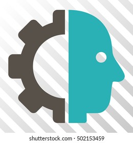 Grey And Cyan Cyborg Head toolbar pictogram. Vector pictograph style is a flat bicolor symbol on diagonal hatch transparent background.