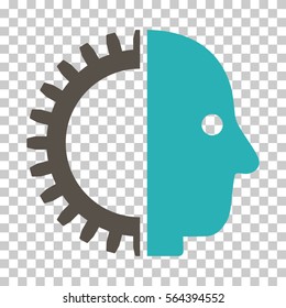Grey And Cyan Cyborg Head toolbar pictogram. Vector pictograph style is a flat bicolor symbol on chess transparent background.