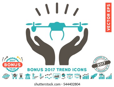 Grey And Cyan Drone Launch Hands icon with bonus 2017 year trend symbols. Vector illustration style is flat iconic bicolor symbols, white background.