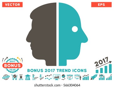 Grey And Cyan Dual Face icon with bonus 2017 trend pictograph collection. Vector illustration style is flat iconic bicolor symbols, white background.