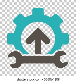 Grey And Cyan Gear Integration Tools interface toolbar pictogram. Vector pictograph style is a flat bicolor symbol on chess transparent background.