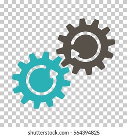 Grey And Cyan Gear Mechanism Rotation interface icon. Vector pictogram style is a flat bicolor symbol on chess transparent background.