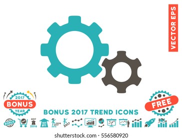 Grey And Cyan Gears pictogram with bonus 2017 trend pictures. Vector illustration style is flat iconic bicolor symbols, white background.