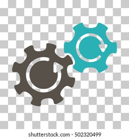 Grey And Cyan Gears Rotation interface toolbar icon. Vector pictograph style is a flat bicolor symbol on chess transparent background.
